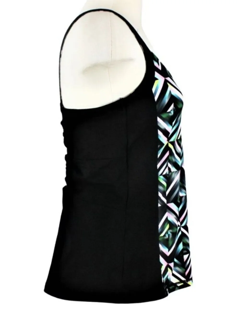 Swim Tankini Top Only Cut-Out Back Slimming Side Panel-Black Multicolor Size M